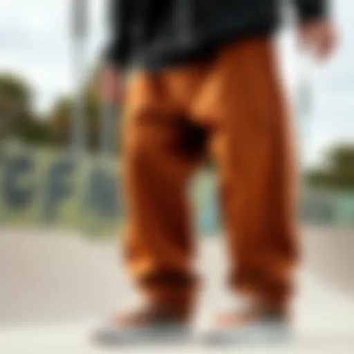 Vans baggy pants showcased in a skate park environment