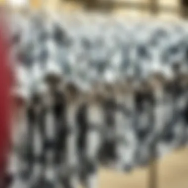 A collection of white camo shirts displayed creatively