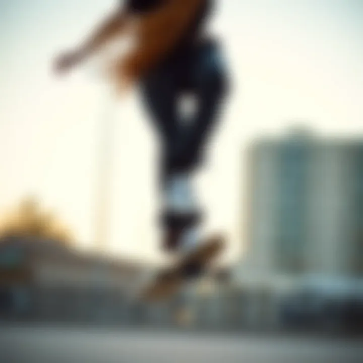 Skateboarder showcasing flexibility in black sweatpants