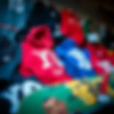 A vibrant display of YG merchandise including hoodies and caps