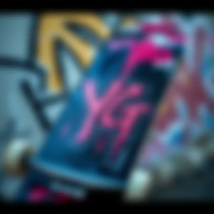 Close-up of YG branded skateboard deck with graffiti background
