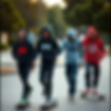 A group of skateboarders wearing zip up graphic hoodies, highlighting community and style.