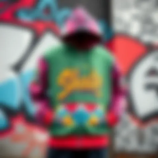 A vibrant zip up graphic hoodie displayed against a graffiti background, showcasing skate culture aesthetics.