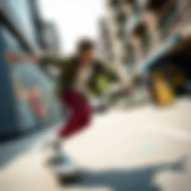 Urban Skateboarding Lifestyle Stylish skateboarder riding in a vibrant urban setting.