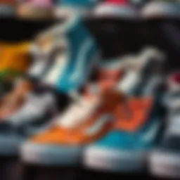 A collection of Vans Sk8 Hi sneakers showcasing various colors and patterns.