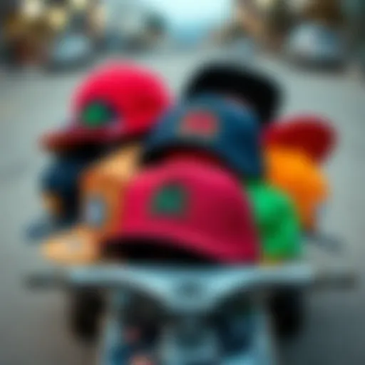 Diverse Styles of Snap Back Hats A collection of vibrant snap back hats displayed on a skateboard