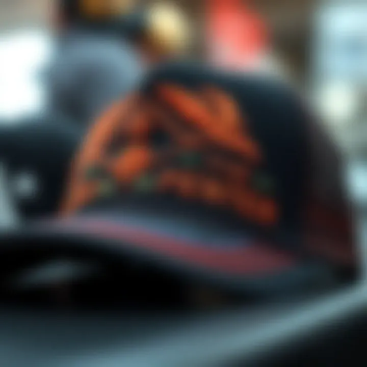Close-up of a snap back hat showcasing intricate embroidery