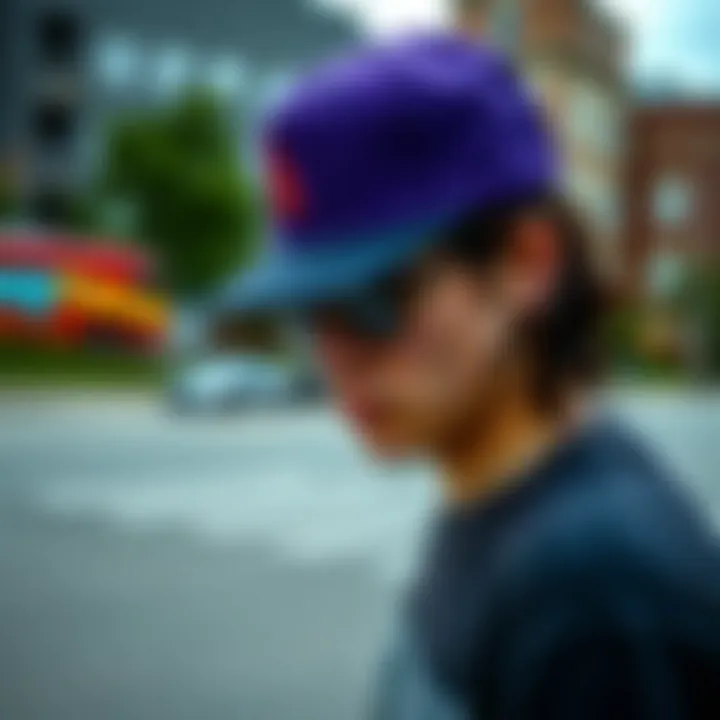 A skateboarder wearing a snap back hat in an urban setting