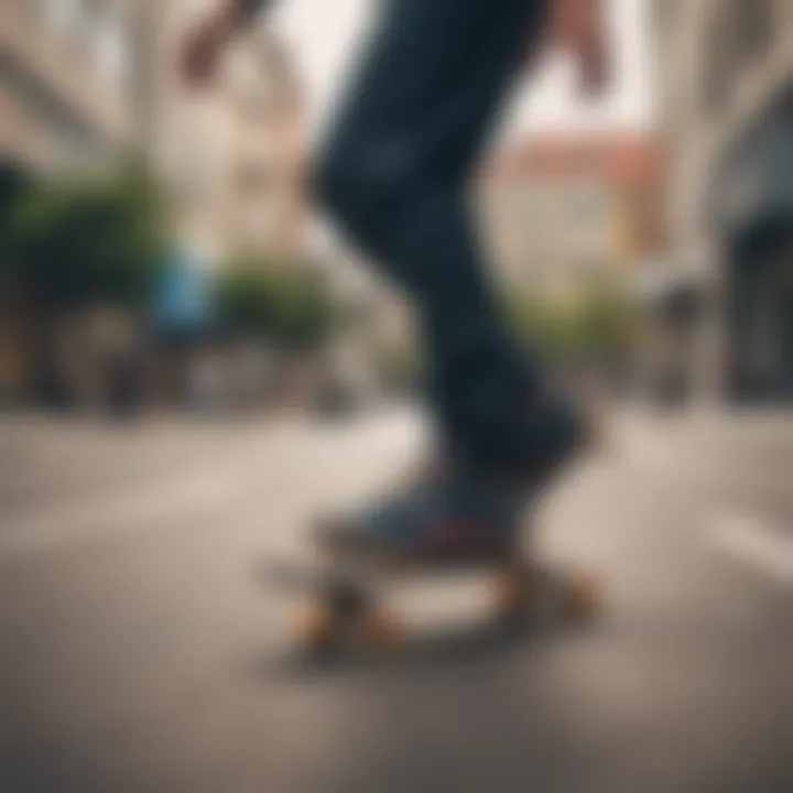 Skateboarder showcasing a wide stance while wearing appropriate shoes