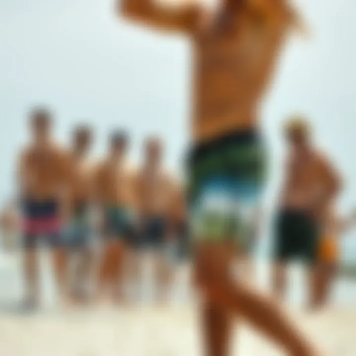 Beach Gathering in Board Shorts Group of friends at the beach in board shorts