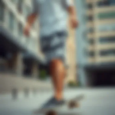 Graphic Shorts in Action Within Skate Culture Skateboarder wearing graphic shorts in an urban setting