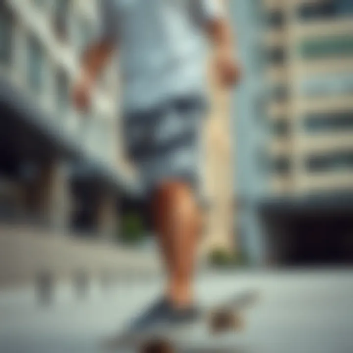 Graphic Shorts in Action Within Skate Culture Skateboarder wearing graphic shorts in an urban setting