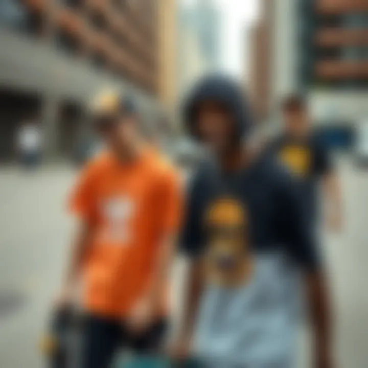 Skateboarders wearing unique graphic tees in urban setting