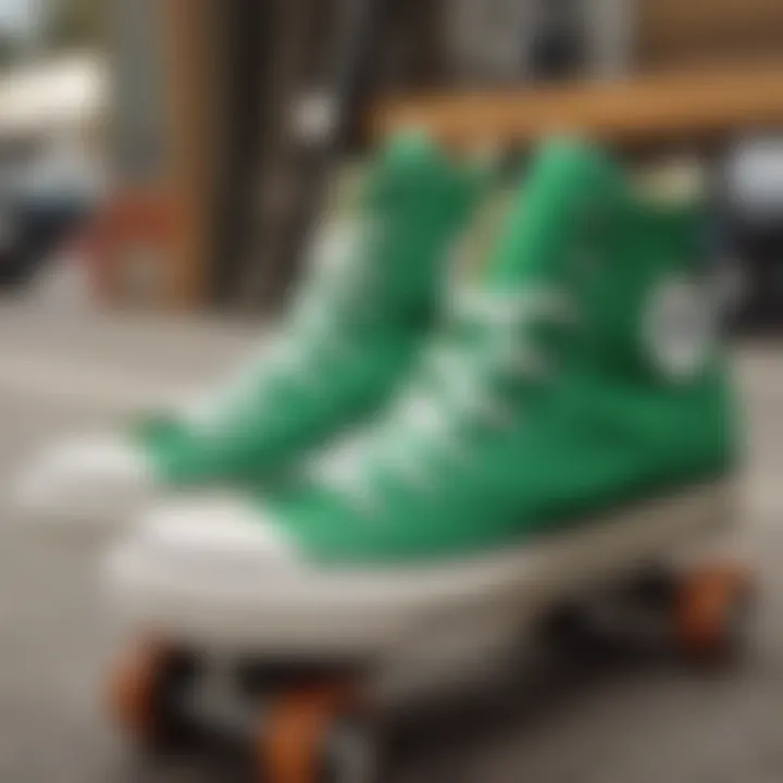 Green Converse shoes displayed alongside skateboarding gear