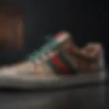 A close-up of Gucci skateboard shoes showcasing intricate design elements and high-quality materials.