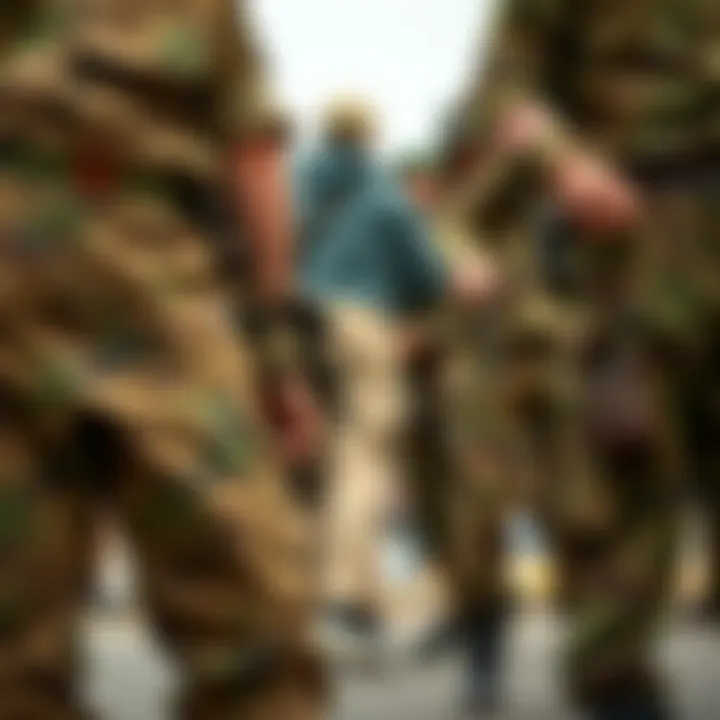 A historical representation of military uniforms featuring camo patterns