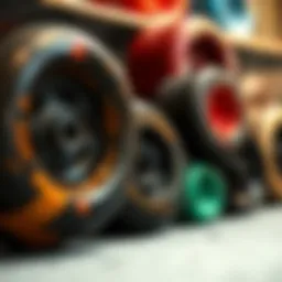 Close-up view of different skateboard wheel types showcasing various sizes and shapes.