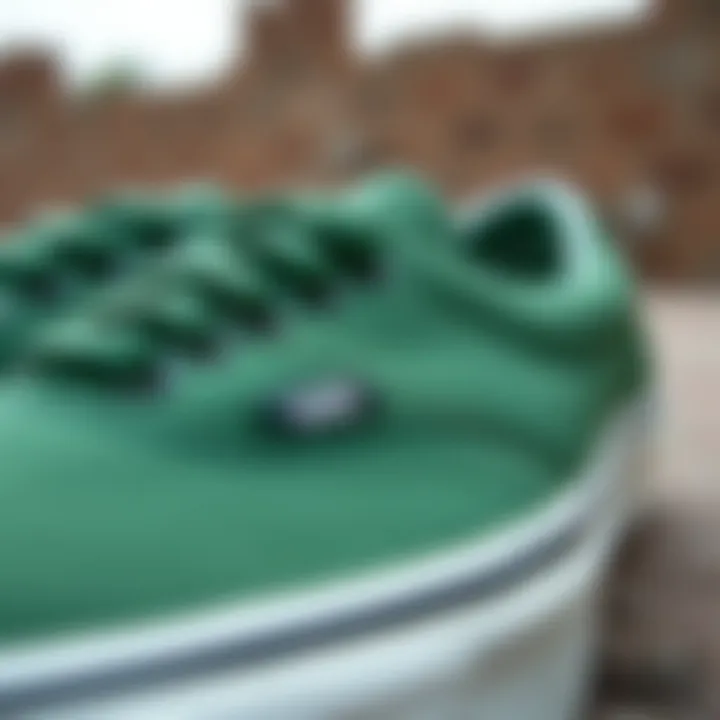 Close-up of hunter green Vans showcasing intricate design details