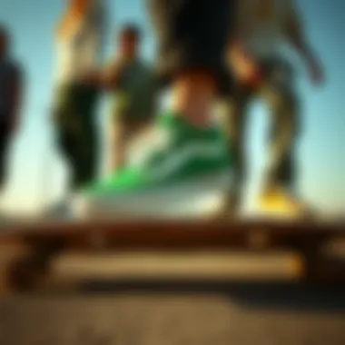A group of skateboarders wearing hunter green Vans