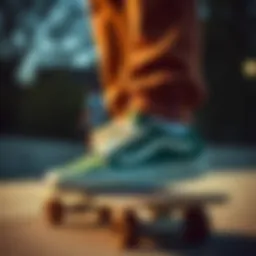 Stylish hunter green Vans on a skateboard