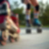 A side-by-side view of inline skates and roller skates