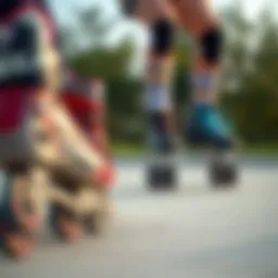 A side-by-side view of inline skates and roller skates