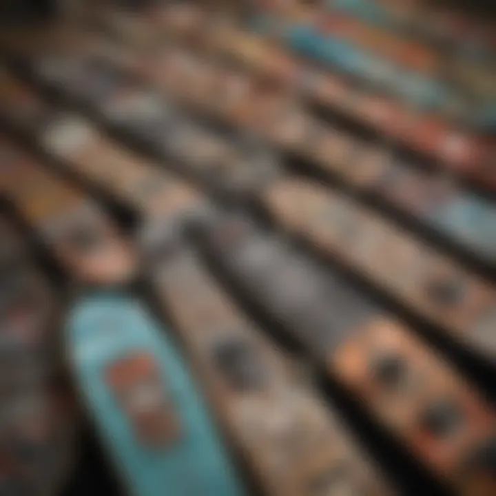 A close-up of skateboards displaying unique artwork and designs