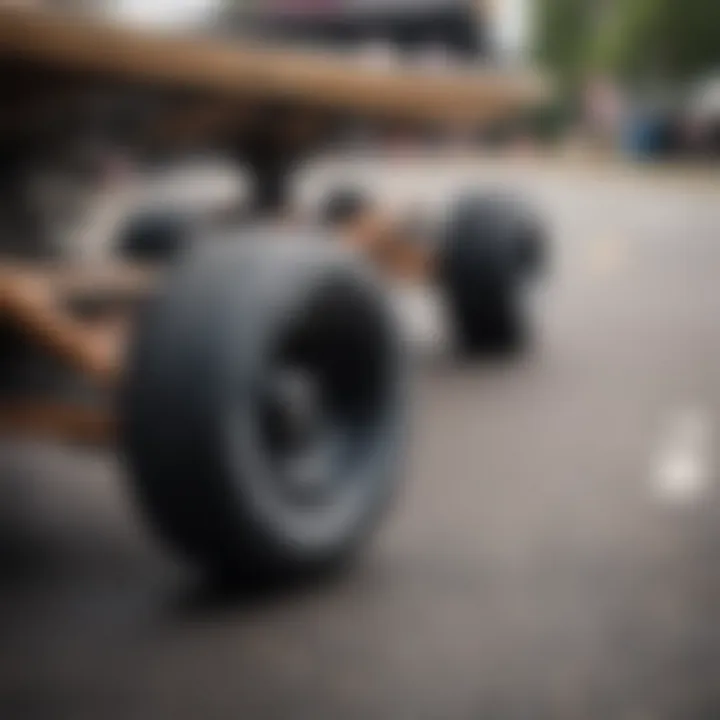 Close-up of the wheels and trucks on the Rallycat skateboard