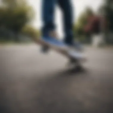 Skateboarder performing a trick while wearing blue Vans