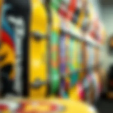 Artistry in Skateboard Decks A close-up of colorful skateboard decks displayed on a wall.