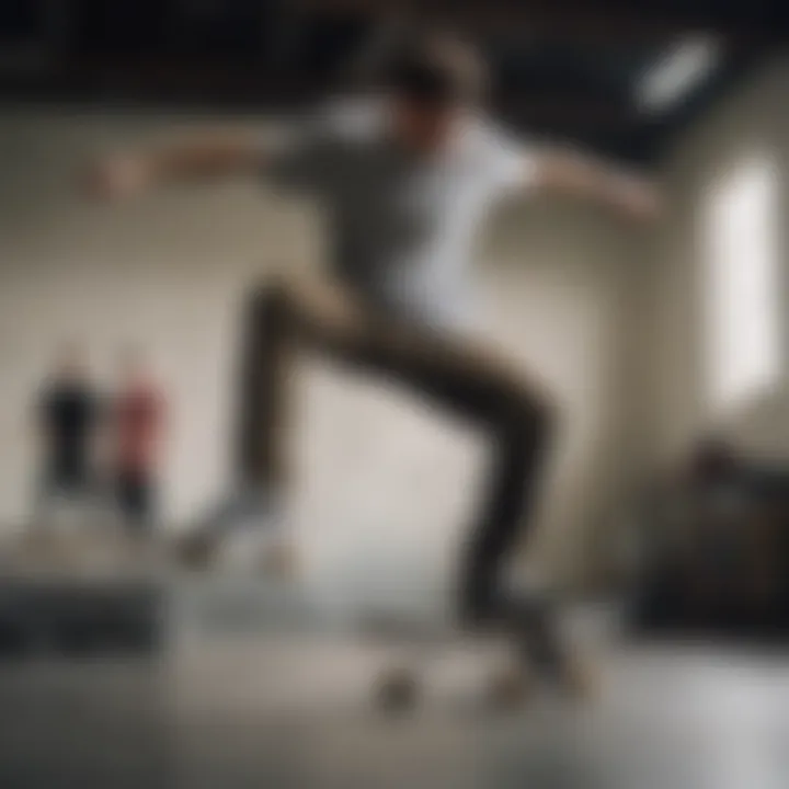 A skater showcasing loose fitting slacks while performing a trick.