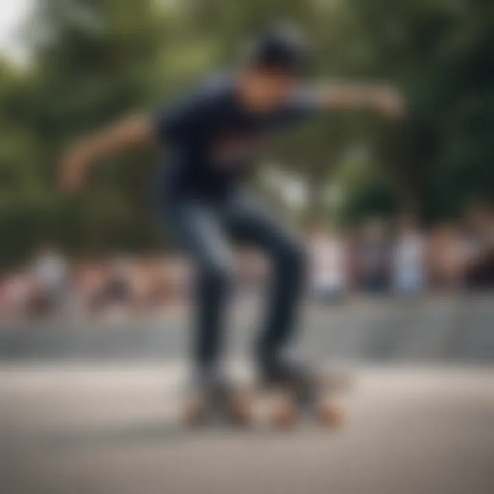 A skater performing a trick wearing loose waist pants, showcasing freedom of movement