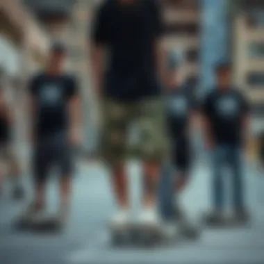 Urban Skateboarding Scene Featuring LRG Camo Shorts Group of skateboarders wearing LRG camo shorts in urban setting
