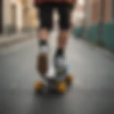 Skater with a mini backpack riding on a skateboard.