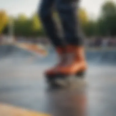 A vibrant skate park scene highlighting various skating styles incorporating moonboot skates.