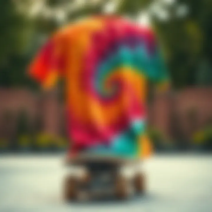 Vibrant mushroom tie dye shirt displayed on a skateboard