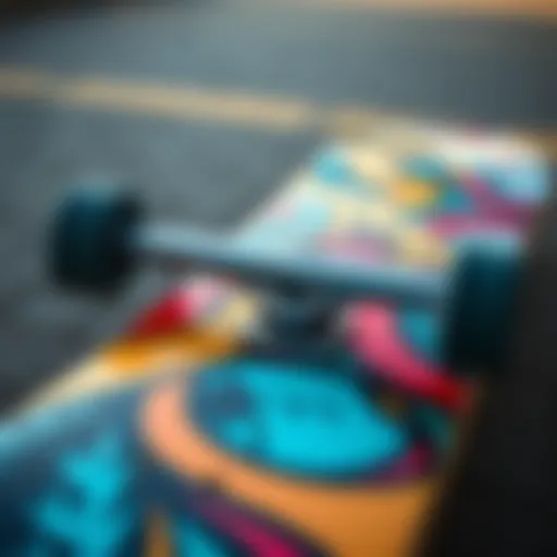 A close-up of a skateboard deck with vibrant graphics
