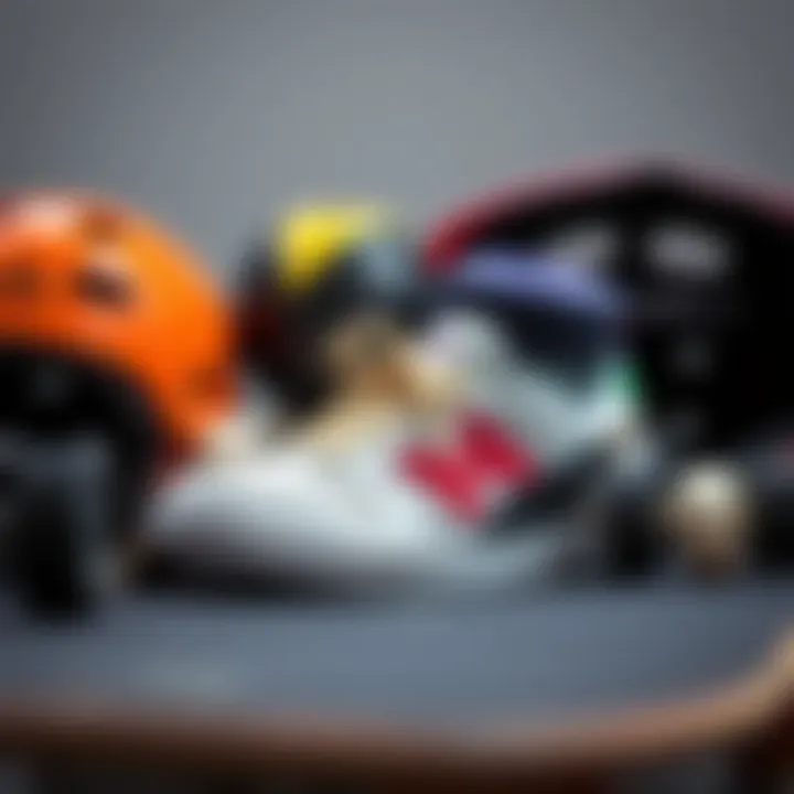 A collection of skateboarding gear including helmet, pads, and stylish sneakers