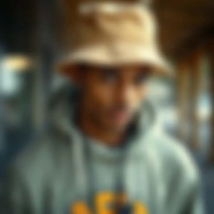 A fashion-forward individual styling a natural bucket hat with streetwear, demonstrating versatility in fashion.