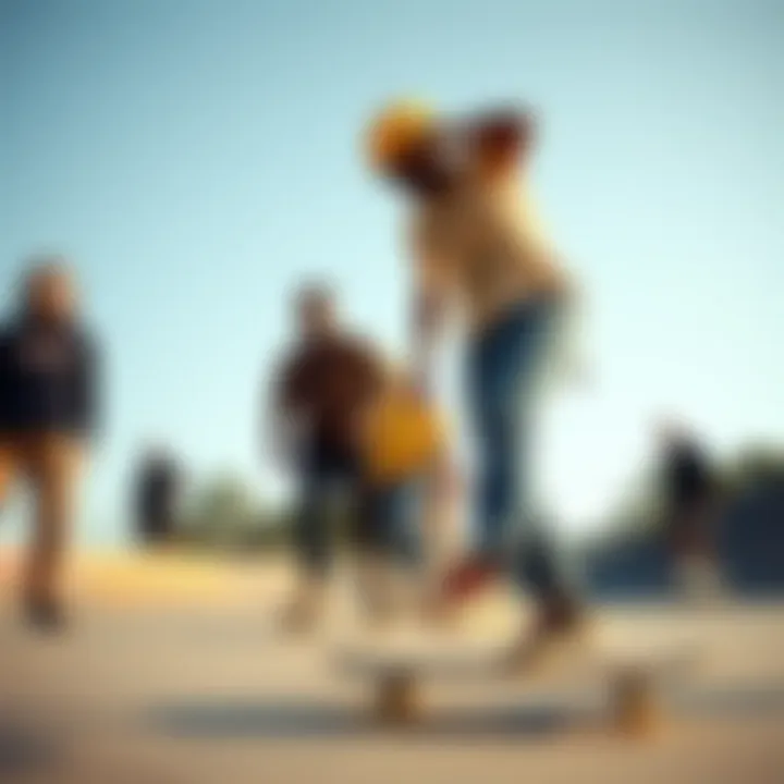 A diverse group of skaters engaging in a dynamic skate session at a local park