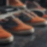 A detailed view of skateboard shoes showcasing various materials and textures