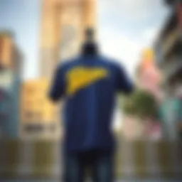 Navy blue and yellow graphic tee displayed against a vibrant urban backdrop