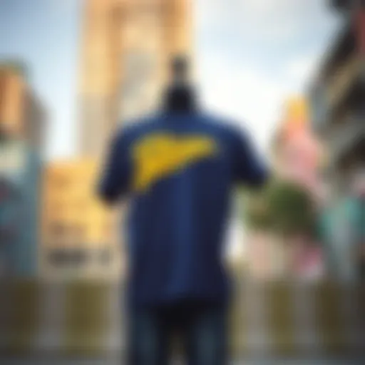 Urban Expression in Skate Culture Navy blue and yellow graphic tee displayed against a vibrant urban backdrop