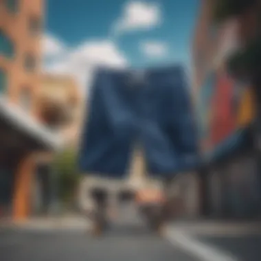 Navy board shorts showcased against a vibrant skateboard backdrop