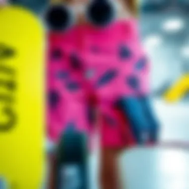 Neon pink board shorts displayed alongside skate accessories