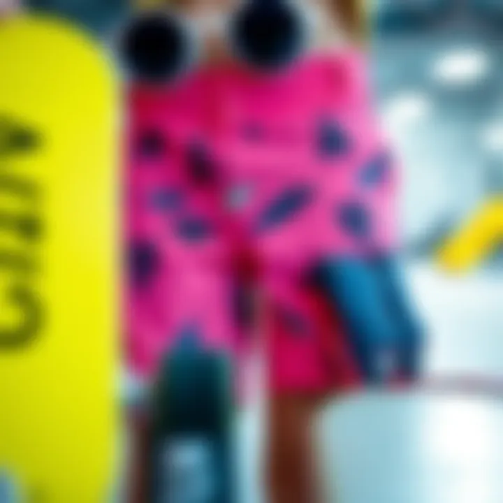 Neon pink board shorts displayed alongside skate accessories