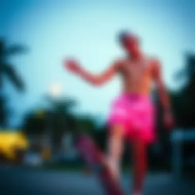Skater showcasing unique style with neon pink board shorts