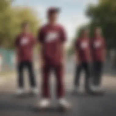 Group of skateboarders wearing Nike burgundy shirts