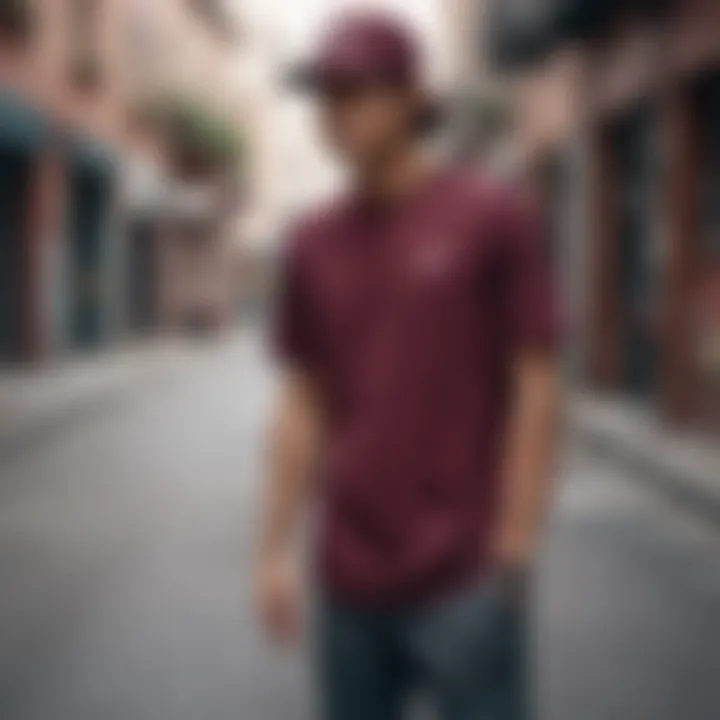 Nike burgundy shirt displayed in a skateboarding setting