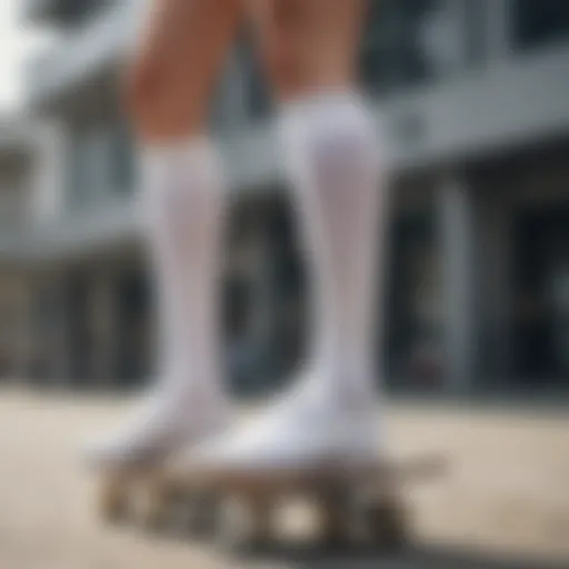 Nike long white socks displayed on a skateboard